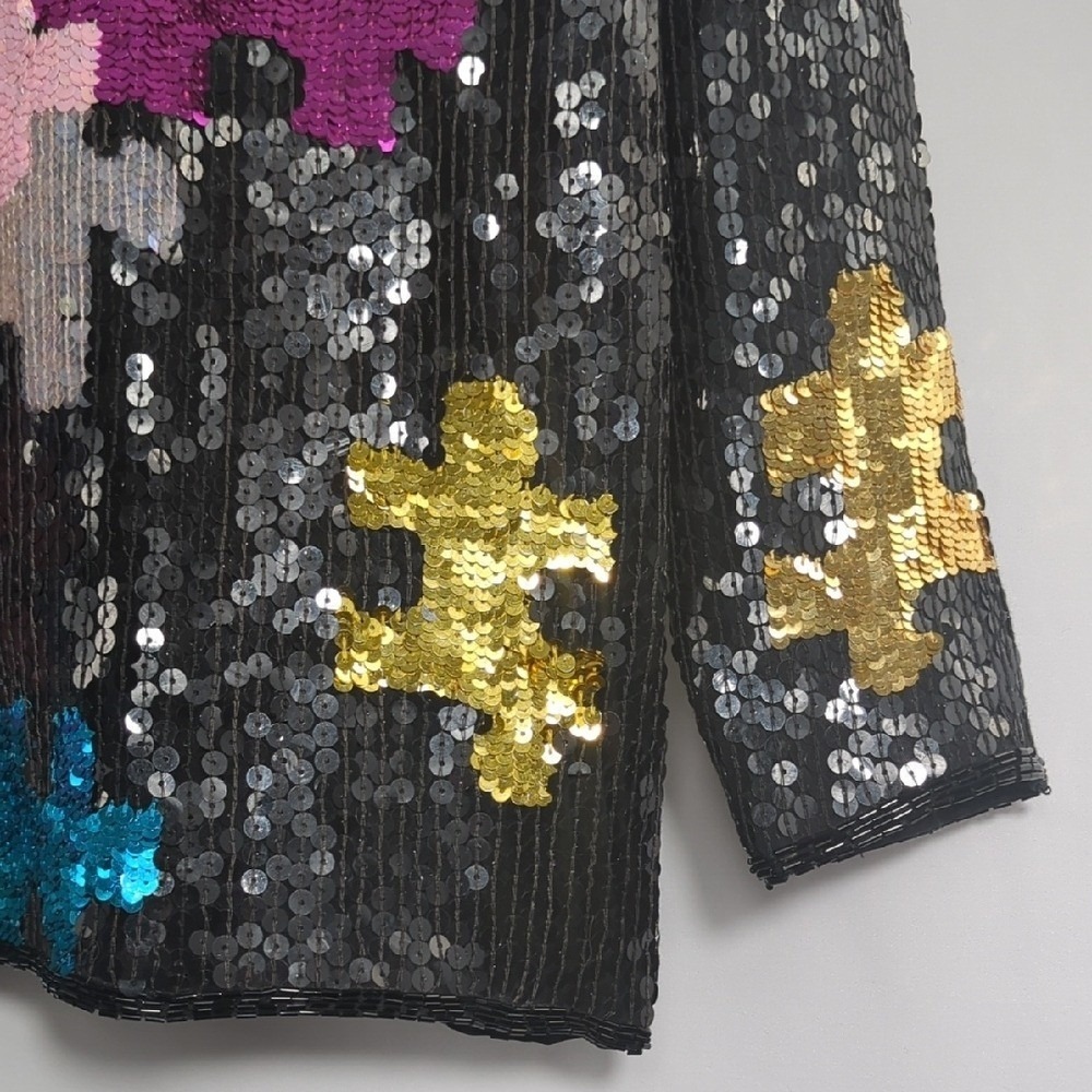 Vintage 80's Sequin Puzzle Piece Silk Colorful Blouse Glass Bead RARE Autism Med - Picture 5 of 16